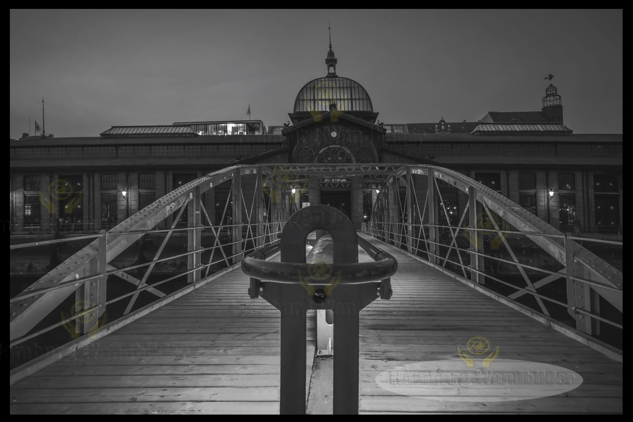 blick von dem gelaender am anleger auf die fischauktionshalle bei nacht sw hamburg wandbilder