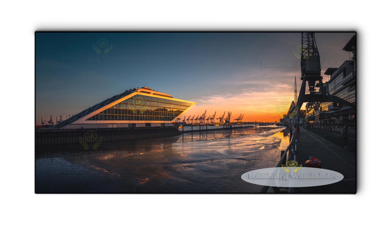 sonnenuntergang panorama am dockland kran als hamburg wandbilder