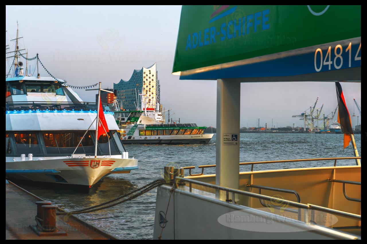 an den landungsbruecken mit blick auf die elphie als hamburg wandbild