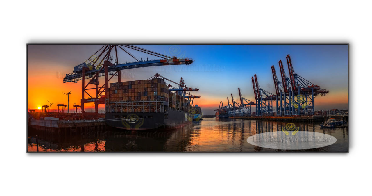 panorama am burchardkai und eurogate im sonnenuntergang als ein hamburg wandbild