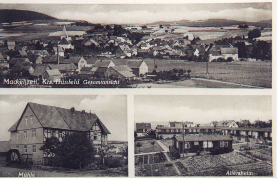 1950er Jahre, Postkarte Mackenzell Gesamtansicht mit der neuen Pfarrkirche, Kappmühle, früheres RAD-Lager, nach dem Krieg Altersheim