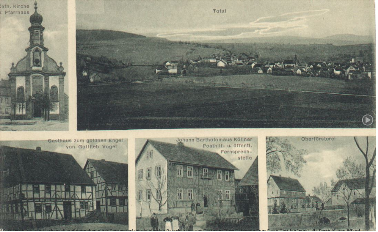 1919 einstige Barockkirche, das Gasthaus "Zum Goldenen Engel" von Gottlieb Vogel, die Posthilf- und öffentl. Fernsprechstelle im Haus von Johann Bartholomäus Köllner (Kellnersch) ehemals Gottfried Pappert, sowie die "Oberförsterei" im  Schloss