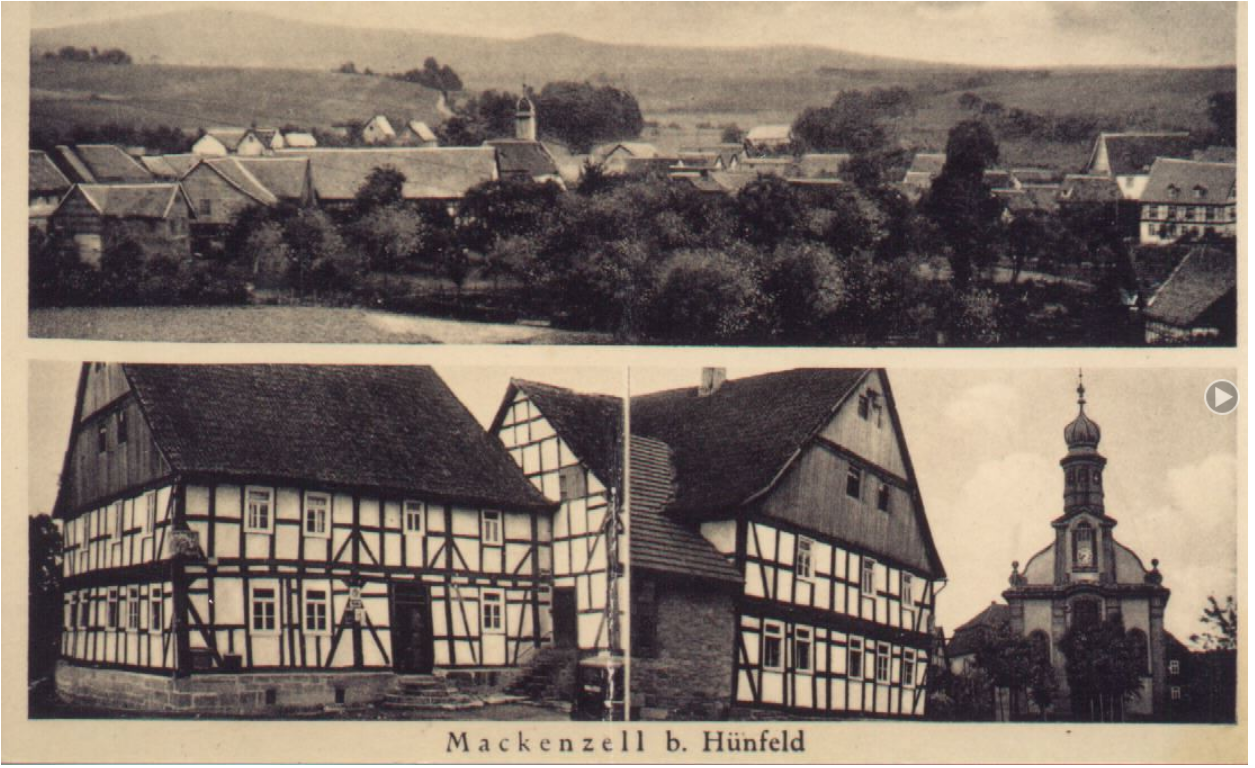 vor 1945, Postkarte von Mackenzell, Gesamtansicht, li. unten Gastwirtschaft von Isidor Möller, heute Gasthaus "Zum Ulmenstein" (Trapp), daneben Gasthaus "Vögler" u. alte Kirche