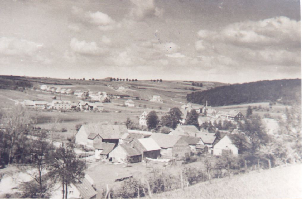 ca. 1940, Blick von Steinrinne aufs Unterdorf und das "Waitzfeld"