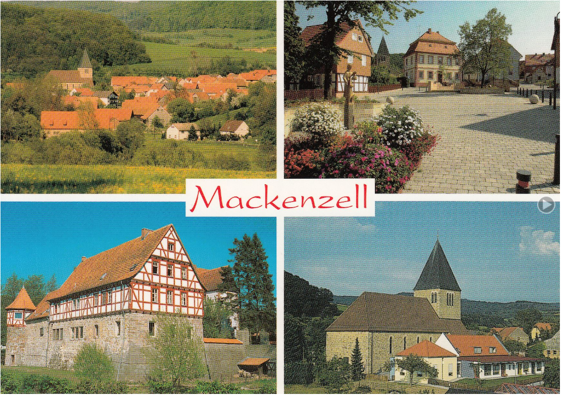 2004, Mackenzell, Postkarte, von li oben Unterdorf, neu gestalteter Johannesplatz, Schloss, Kirche mit Kindergarten