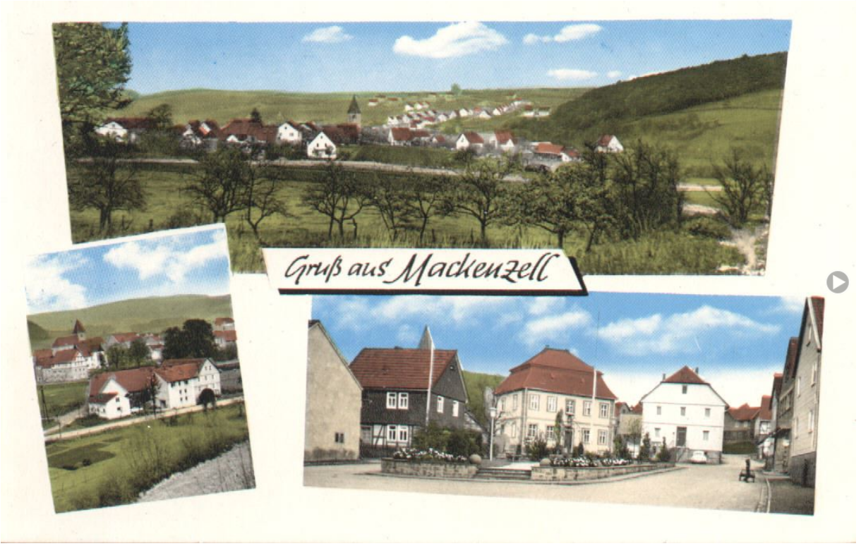 ca. 1970, Postkarte Gesamtansicht, Kappmühle mit Schloss u. Kirche, alter Kirchplatz mit Pfarrhaus und alter Schule