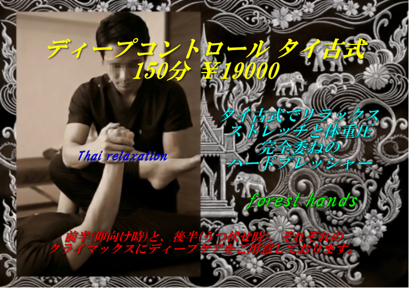 大阪のゲイ（gay）向けメンズリラクゼーションサロン「forest hands」のディープコントロールタイ古式（150分・19000円）のメニュー案内バナー画像。男性セラピストによる本格的なストレッチ施術風景とタイの伝統的な装飾。
