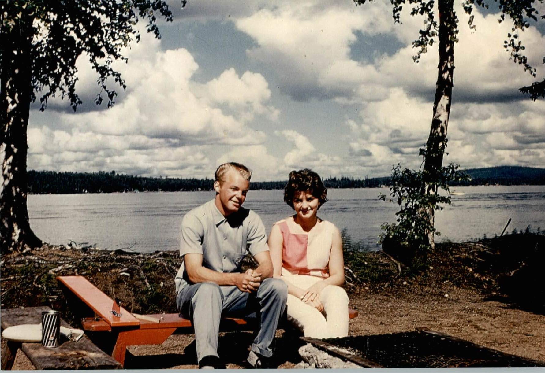 1961 Dave Tilman & Robin Wold Dodson looking west from cove area near the point.  West side or highway side of lake visible in photo