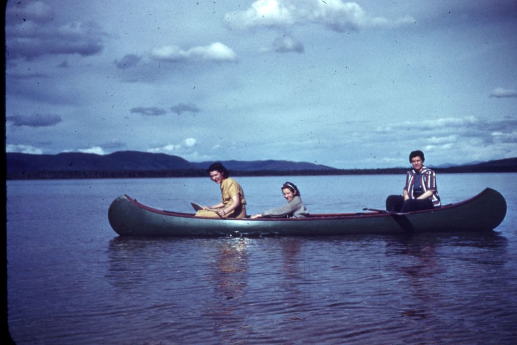 Photo from 1940's of Rosamond Weller in front, Dorothy Pattinson in middle and unknown person in rear.  At Harding Lake.