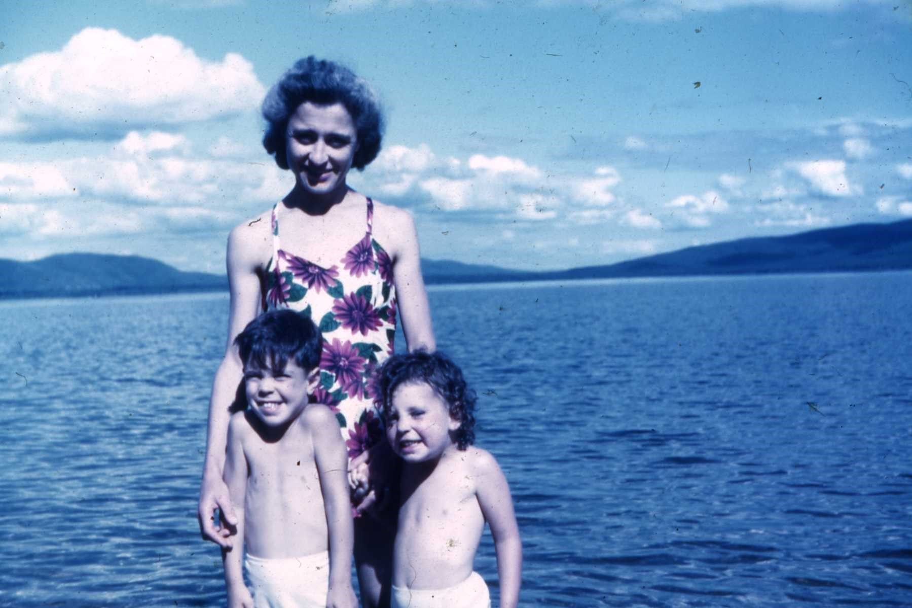 Hazel, Carolyn, and Bob Clasby in front of Hajdukoviches cabin.  We rented it during the big polio epademic.  Spent early spring and summer there.  Think was about 1942.