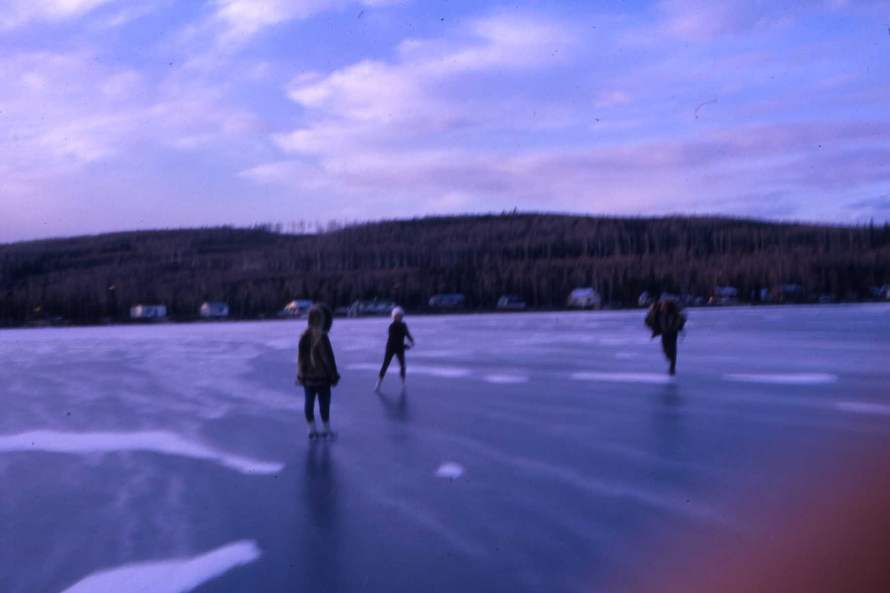 Winter 1962 ice skating at the lake.  Hajdukovich cabin at middle of photo, a portion of which is still recognizable today