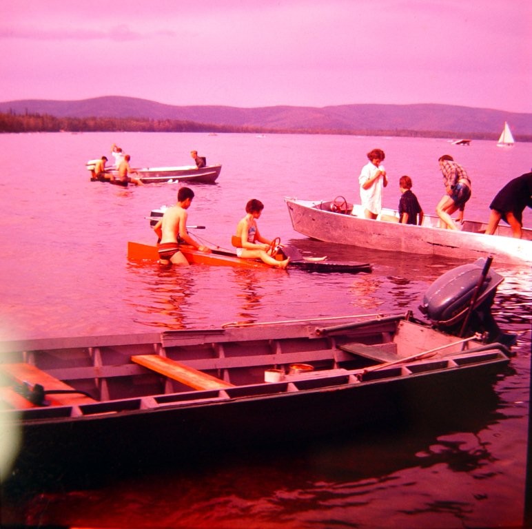 Unknown group at Harding Lake 1950's.  Notice ski jump near the sail boat in this photo.