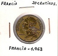 MONEDA FRANCIA - KM 930 - 20 CÉNTIMOS DE FRANCO FRANCÉS - 1.963 - BRONCE (MBC/VF) 0,60€.