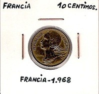 MONEDA FRANCIA - KM 929 - 10 CÉNTIMOS DE FRANCO FRANCÉS - 1.968 - BRONCE (MBC-/VF-) 0,75€.