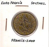 MONEDA FRANCIA - KM 1287 - 50 CÉNTIMOS DE EURO - 2.000 - ORO NÓRDICO (MBC/VF) 1€.