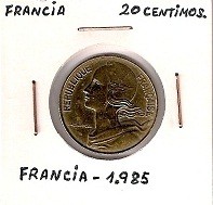 MONEDA FRANCIA - KM 930 - 20 CÉNTIMOS DE FRANCO FRANCÉS - 1.985 - BRONCE (MBC/VF) 0,60€.