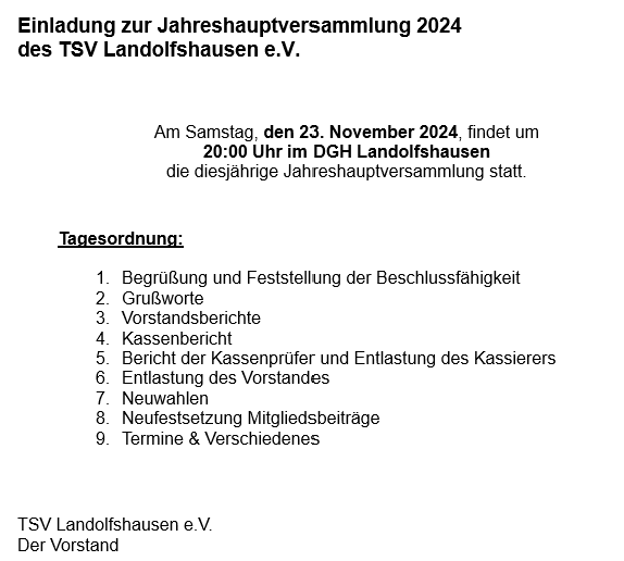 TSV Landolfshausen lädt ein zur Jahreshauptversammlung