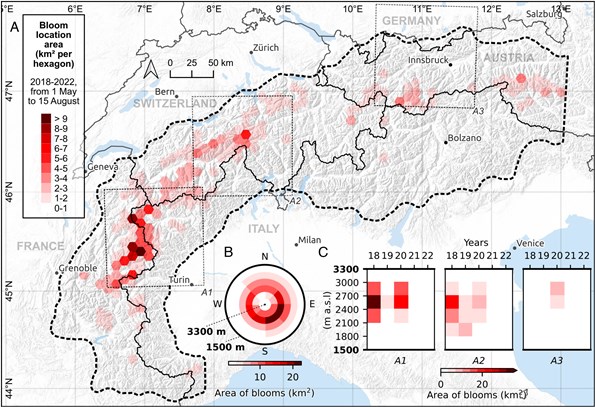 Zones d'efflorescence du Sang des glaciers entre 2018 et 2022 dans la chaîne des Alpes. (source: PNAS, 2024)