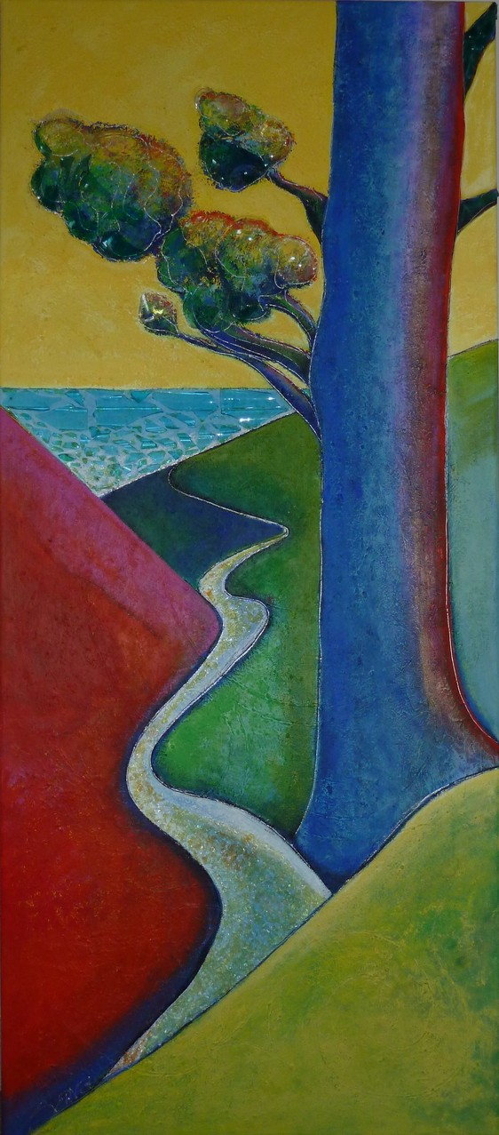 ABSTRACT LANDSCHAP MET BOOM 0.70 x 1.60m (3D) Acrylverf op linnen met glas en kristal