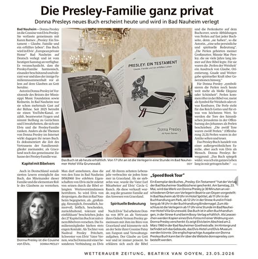 DIE PRELSEY-FAMILIE GANZ PRIVAT, Wetterauer Zeitung, 23.05.2026 über das neue Buch von Donna Presley von Beatrix van Ooyen