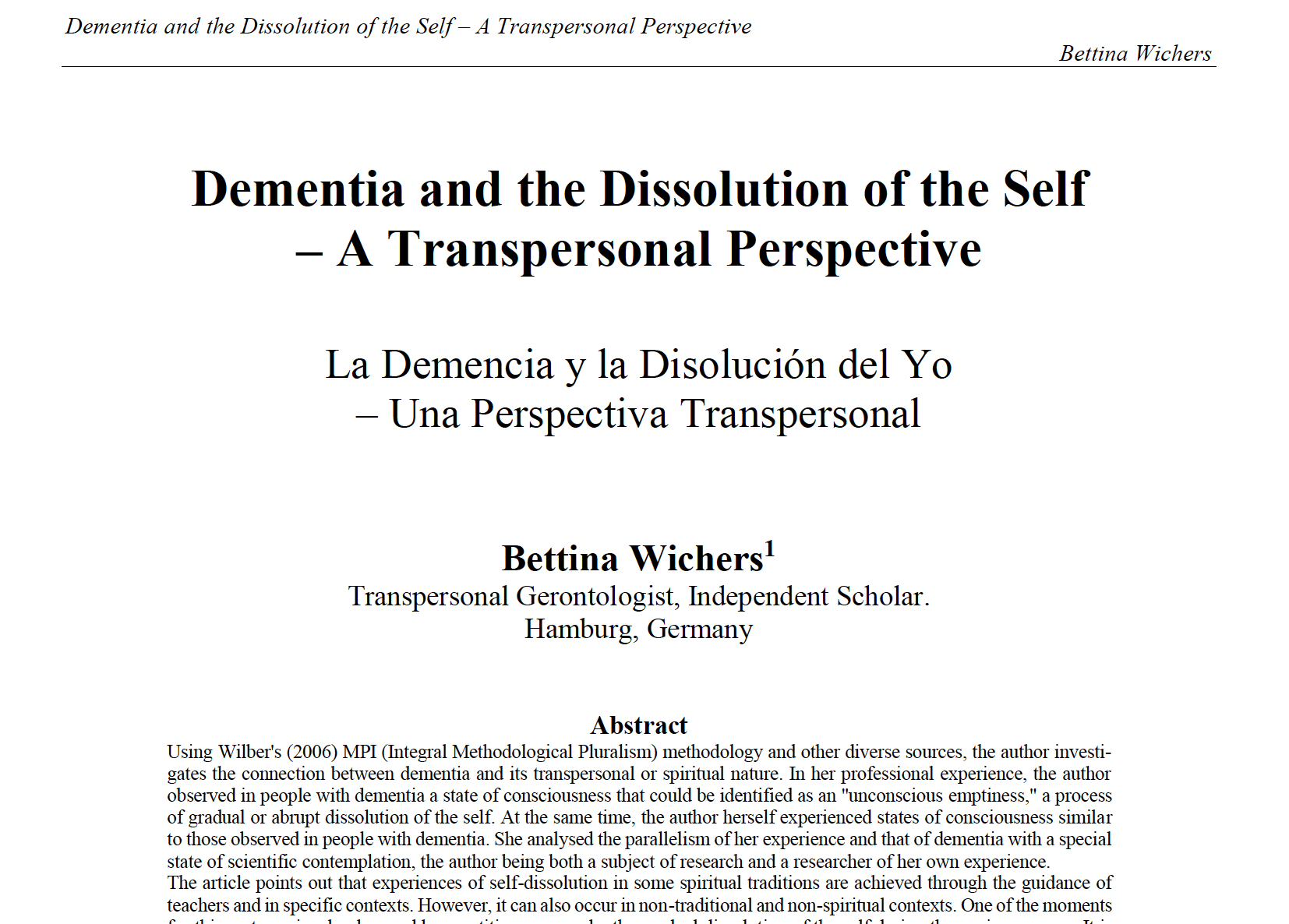 New article published: Dementia and the Dissolution of the Self - A Transpersonal Perspective