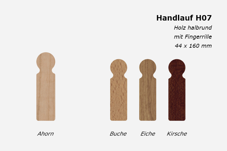 Treppenhandlauf H07, Holz halbrund mit Fingerrille, 44 x 160 mm