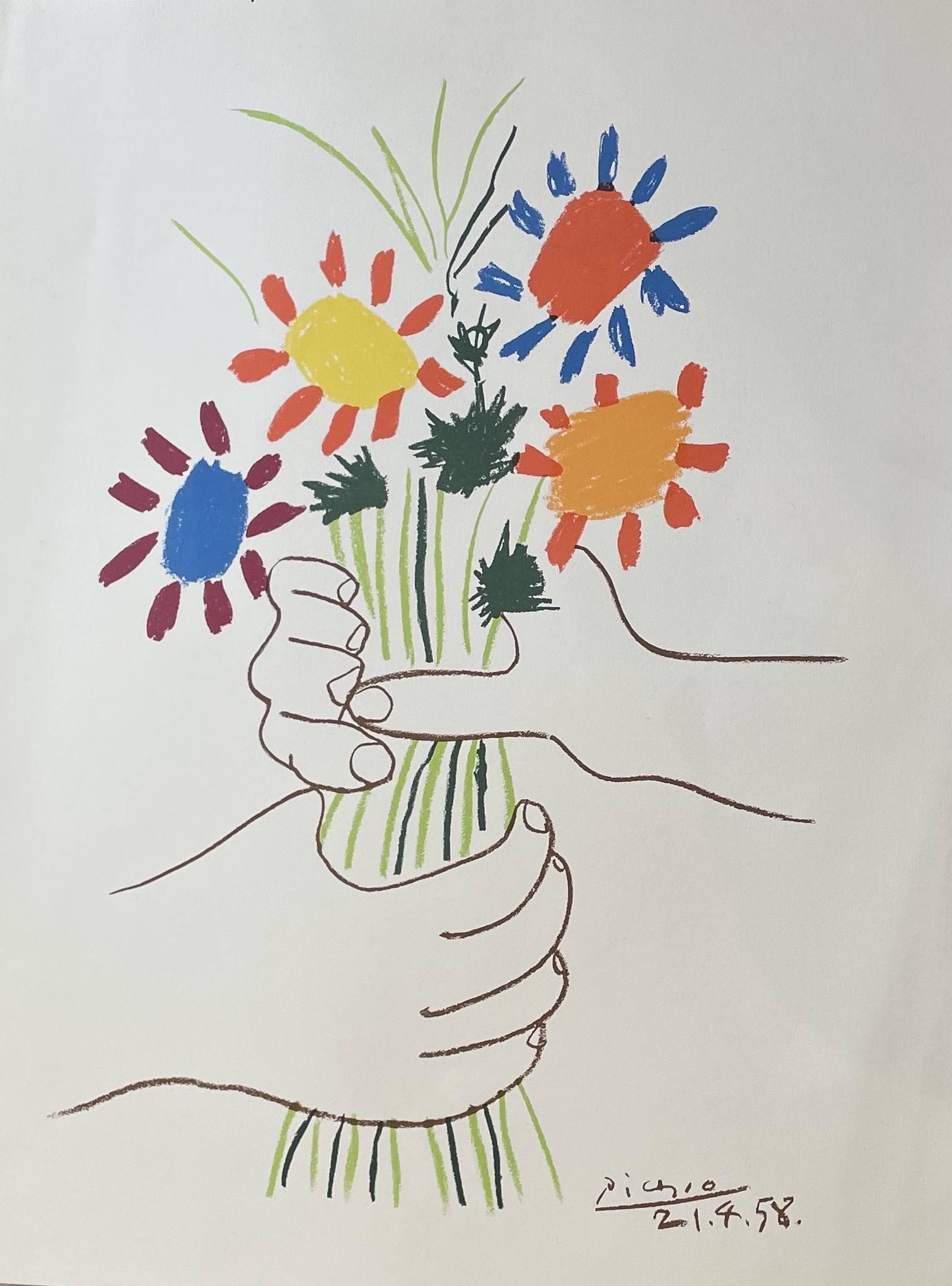 Pablo Picasso d'après, Bouquet de la paix, 1958, lithographie sur vélin , signée et datée dans la planche, éditée par : Mouvement de la Paix