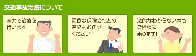 交通事故治療について 全力で治療を行います。 保険会社との連絡もお任せください。