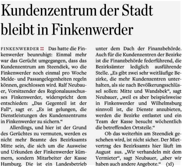 Hamburger Abendblatt vom 13.04.17 (Harburg Stadt Seite 1)