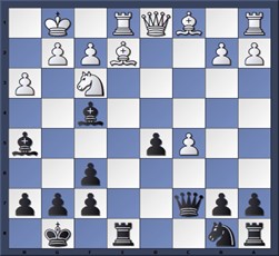 Stellung nach dem Patzer im 13. Zug Schwarz: c6 x d5 statt Lf4 x Lc1