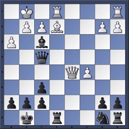 Stellung nach dem Patzer im 15. Zug Schwarz: Lh5 x Sf3