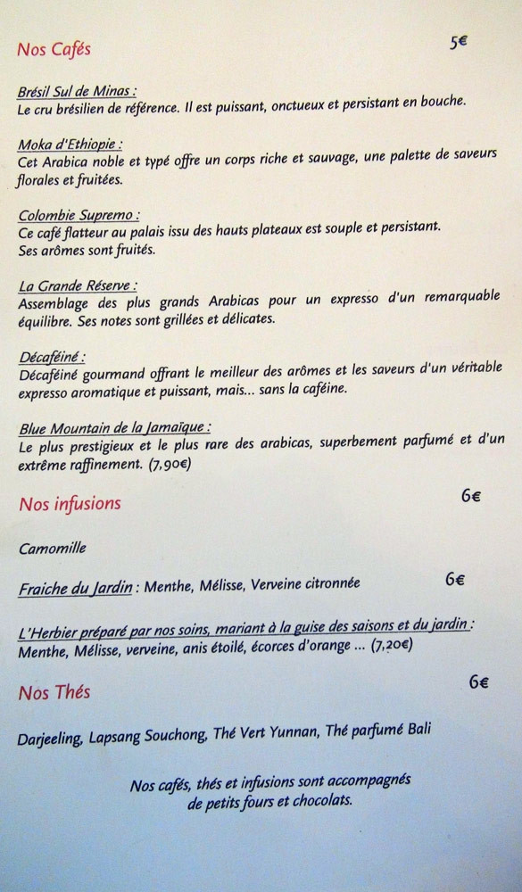 Carte des cafés, infusions et thés