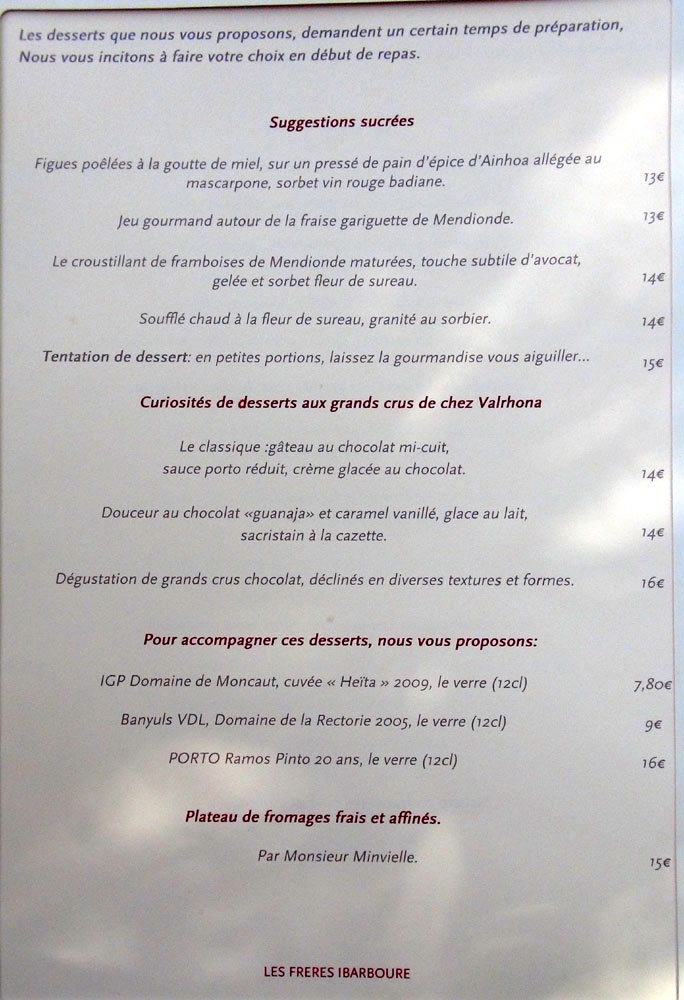 Carte des desserts