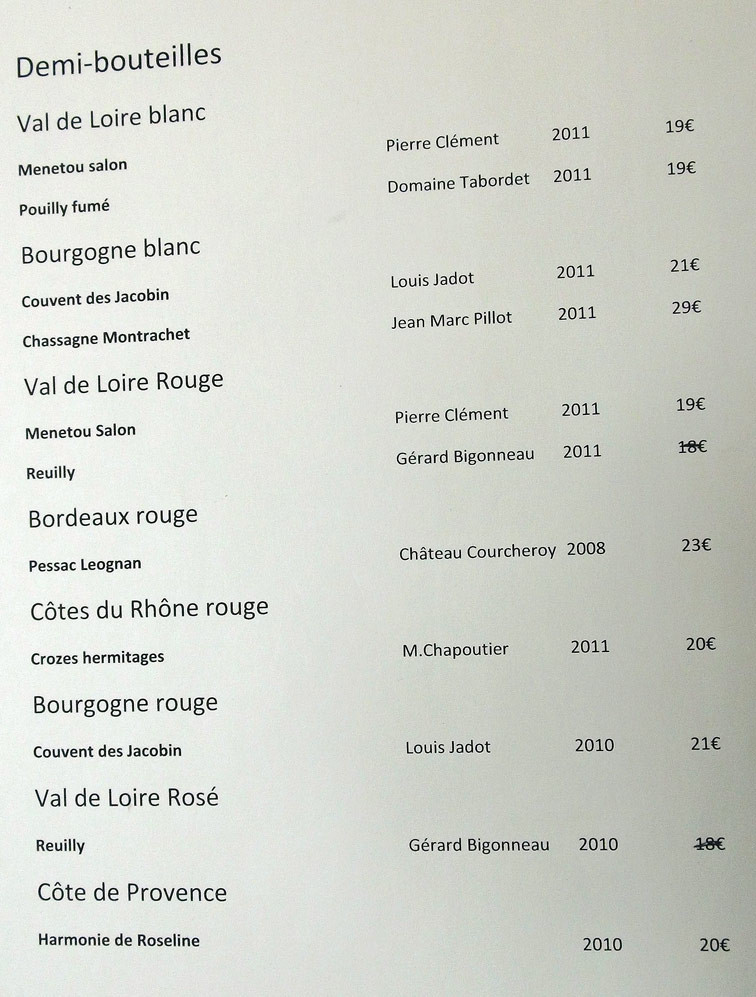 Carte des vins : Demi-bouteilles