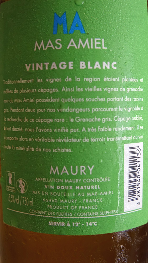  Maury Vintage blanc 2013 du Mas Amiel (verso)