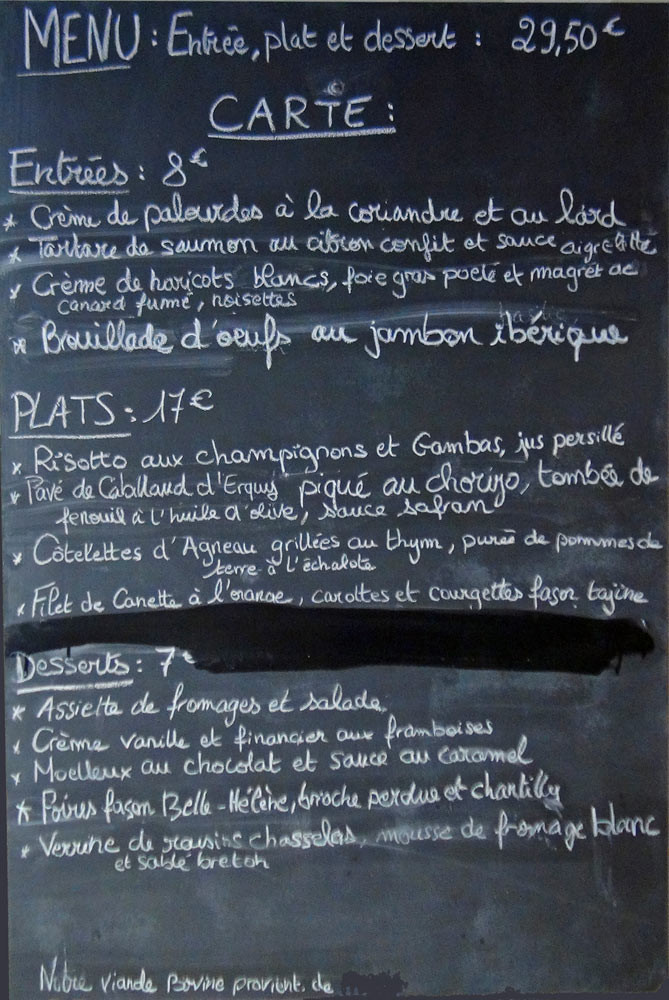 L'ardoise des plats disponibles
