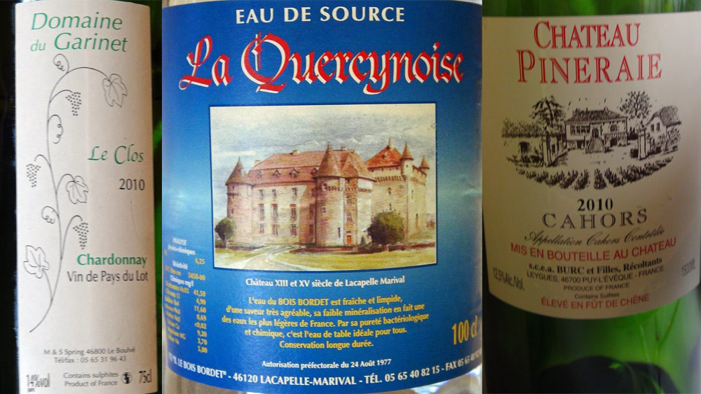 Vin blanc de pays du Lot, eau de source et Cahors Pineraie 2010