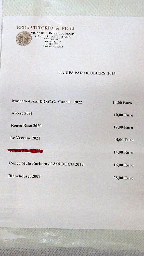 Tarif des vins du Domaine Bera