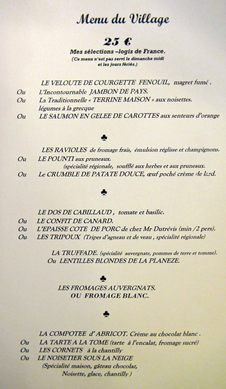 Menu du Village à 25 € 00
