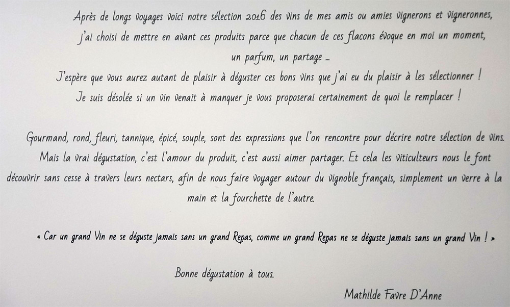 Présentation de la carte des vins