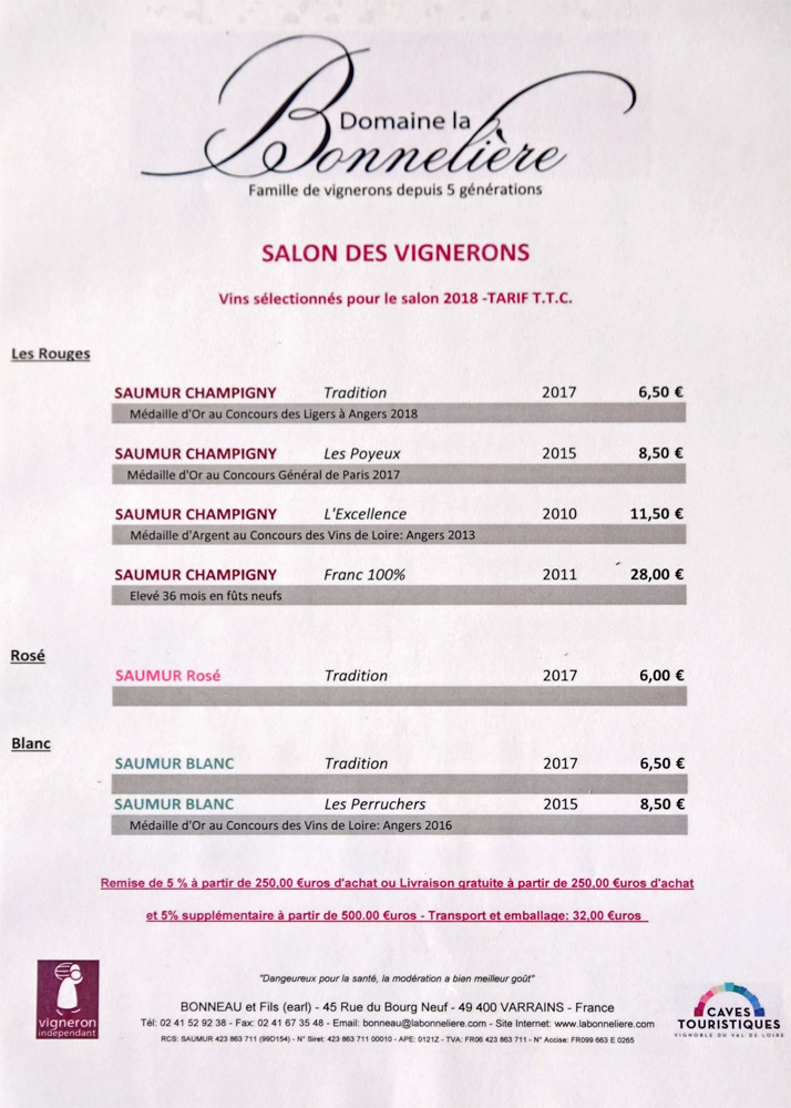 Tarif Bonnelière