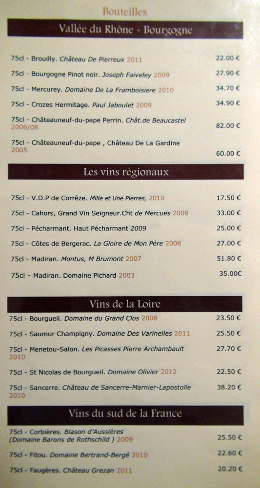 Carte des vins : Bourgogne, Régionaux, Loire & Sud de la France
