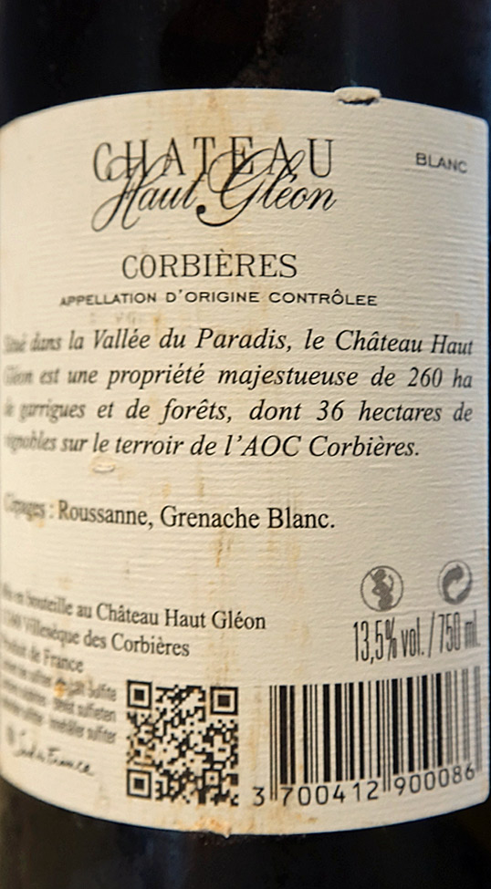 Corbières blanc 2014 château Haut-Gléon