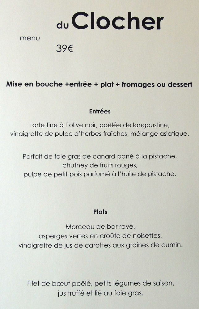 Menu du Clocher à 39 € 00