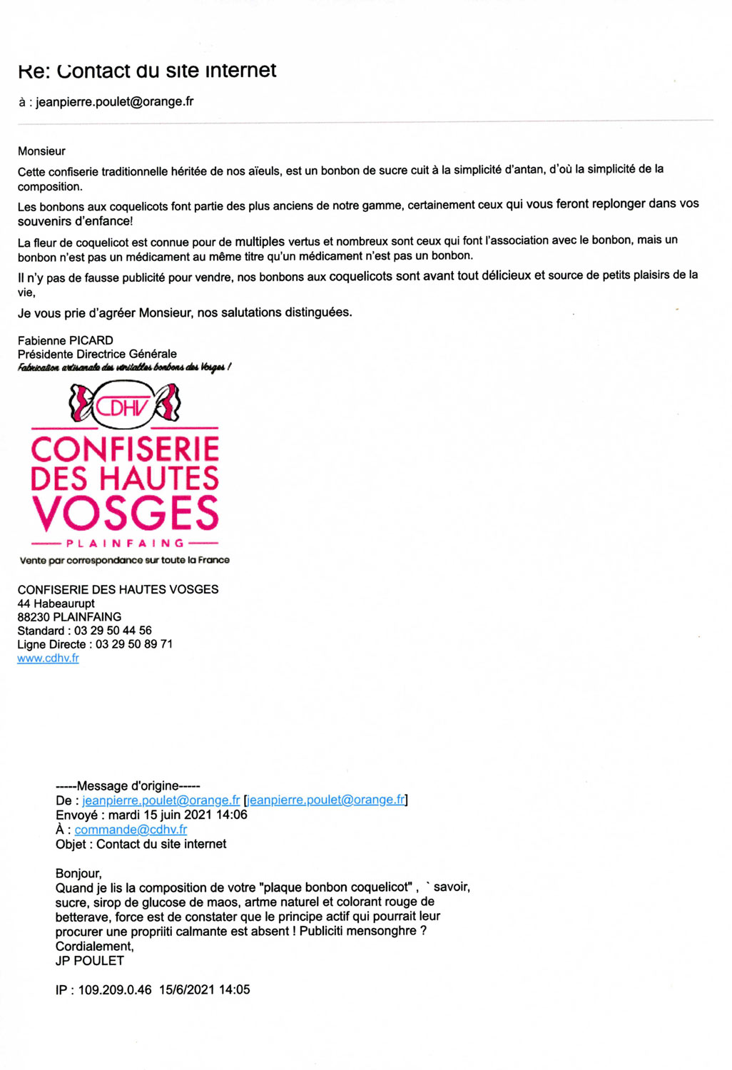 Mon mél à l'entreprise CDHV et leur hilarante réponse
