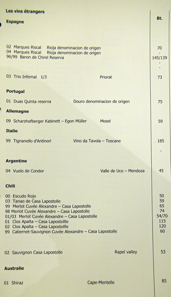 Extrait de la carte des vins