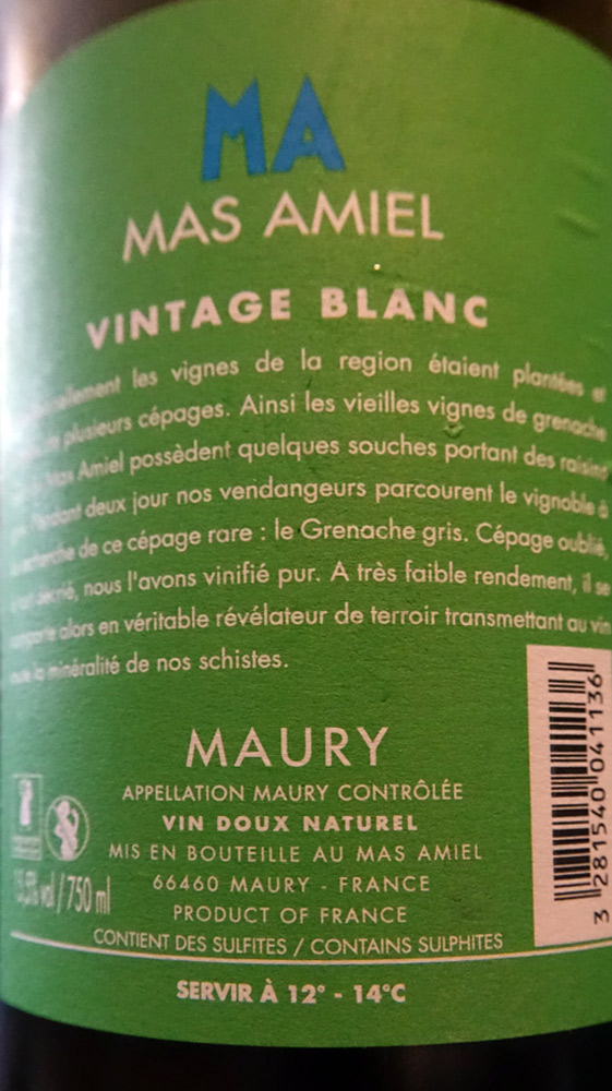 Maury 2013 vintage blanc du Mas Amiel