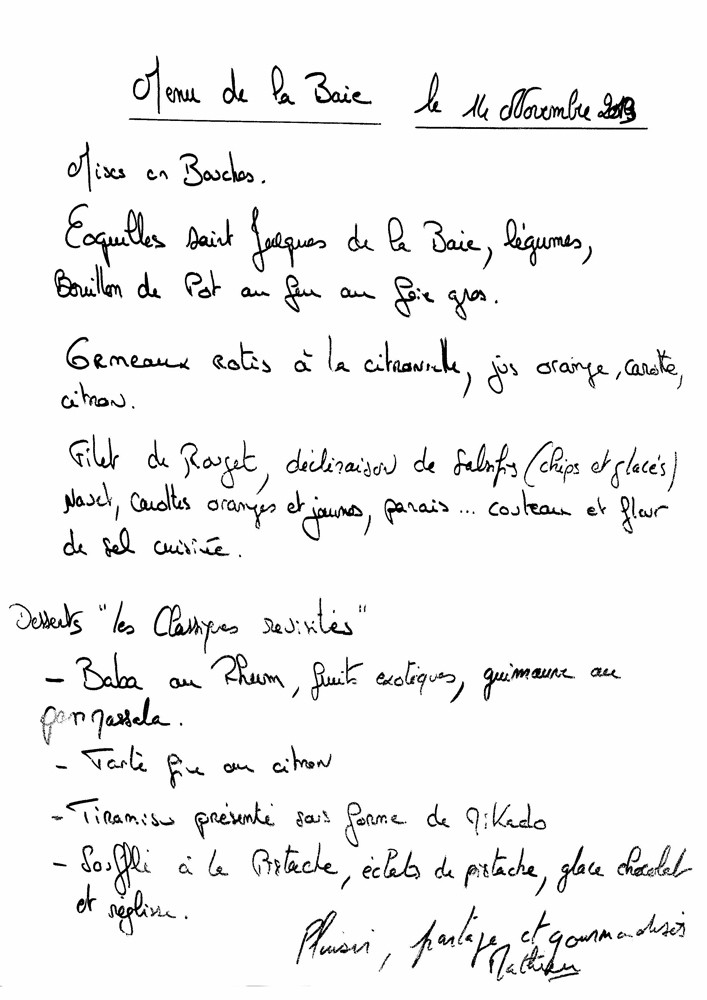 Le menu recopié par Sophie Aumont