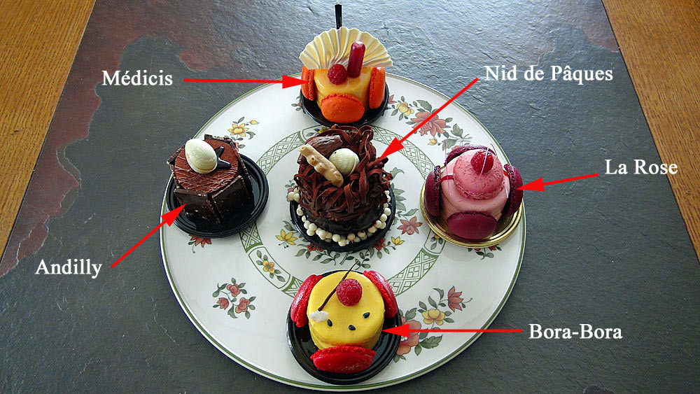 Les gâteaux choisis : Andilly - Médicis - Nid de Pâques - La Rose - Bora Bora