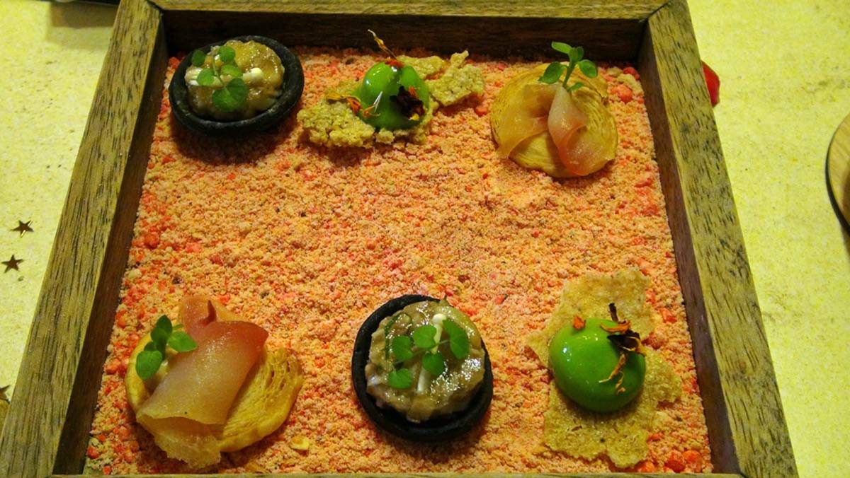 Patiences : Mulet de Loire et noisettes torréfiées, Tuile croustillante au ? et épices torréfiées et Duxelles de pleurote et champignon